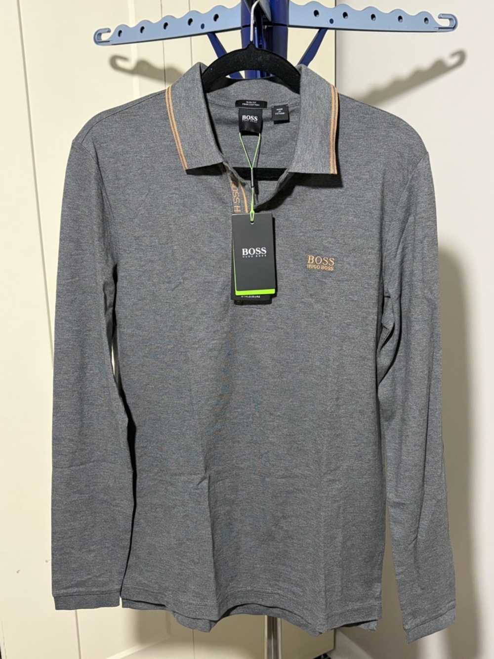 Hugo Boss Gray Long Sleeve Polo with Tan Trim
